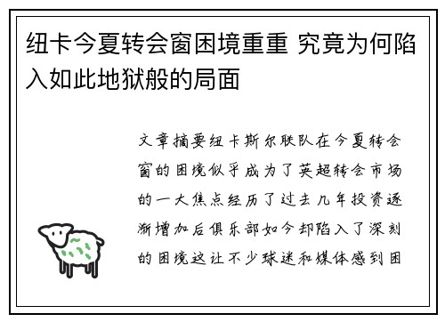 纽卡今夏转会窗困境重重 究竟为何陷入如此地狱般的局面