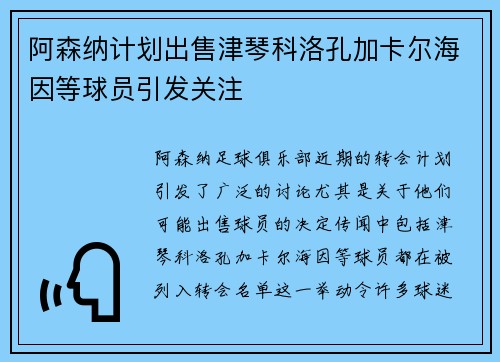 阿森纳计划出售津琴科洛孔加卡尔海因等球员引发关注